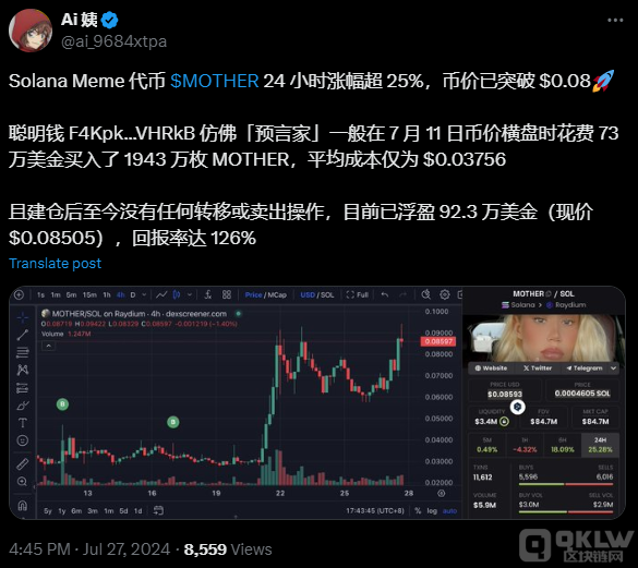 Solana模因代幣$MOTHER 24小時(shí)內(nèi)飆升25%，投資 圖片