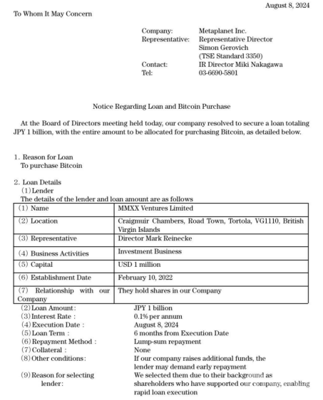 Metaplanet獲得10億日元貸款用于增持Bitcoin圖片