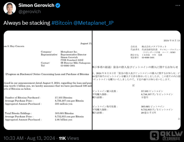 日本Metaplanet公司再購5億日元Bitcoin，總持倉 圖片